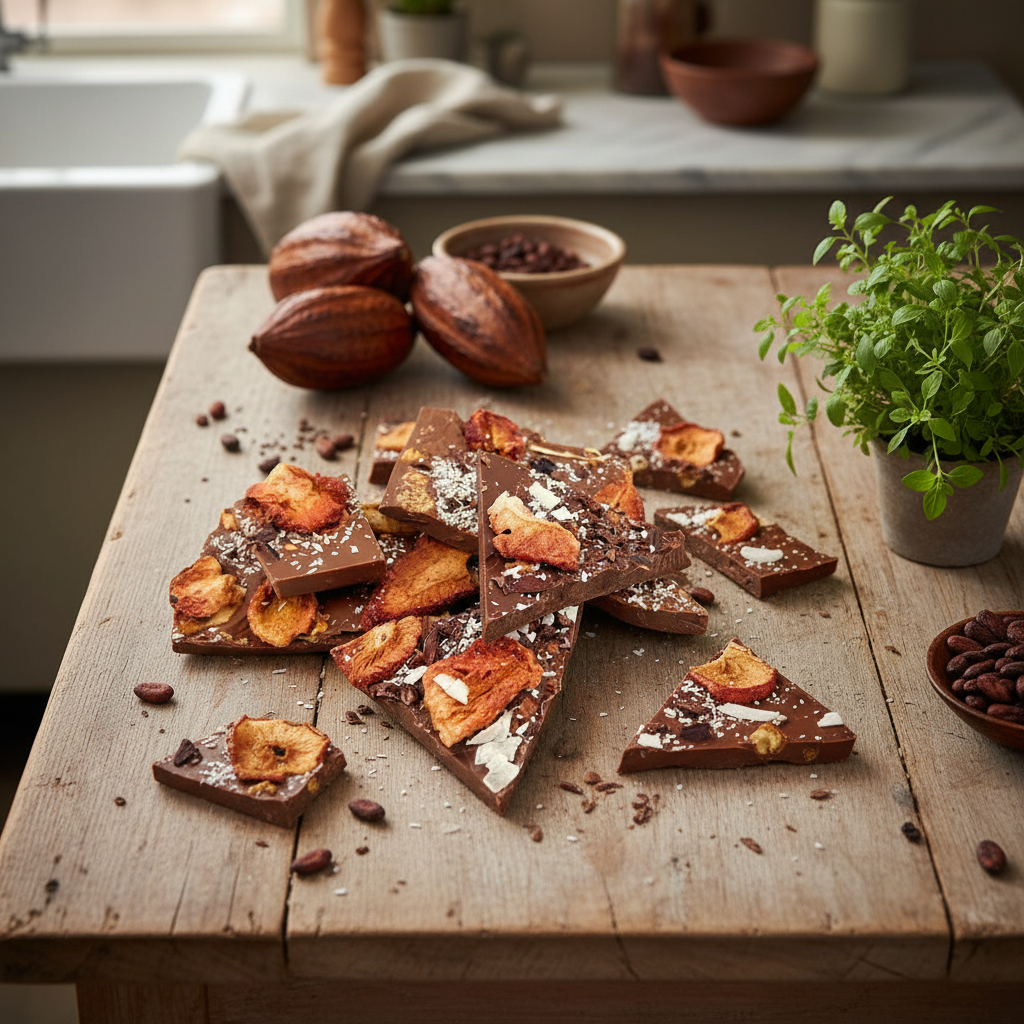 Barritas rotas de chocolate con leche con coco, fresa y cacao nibs