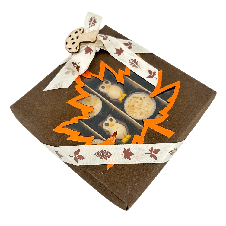 Mezcla de pralinés de otoño en caja de regalo marrón oscuro