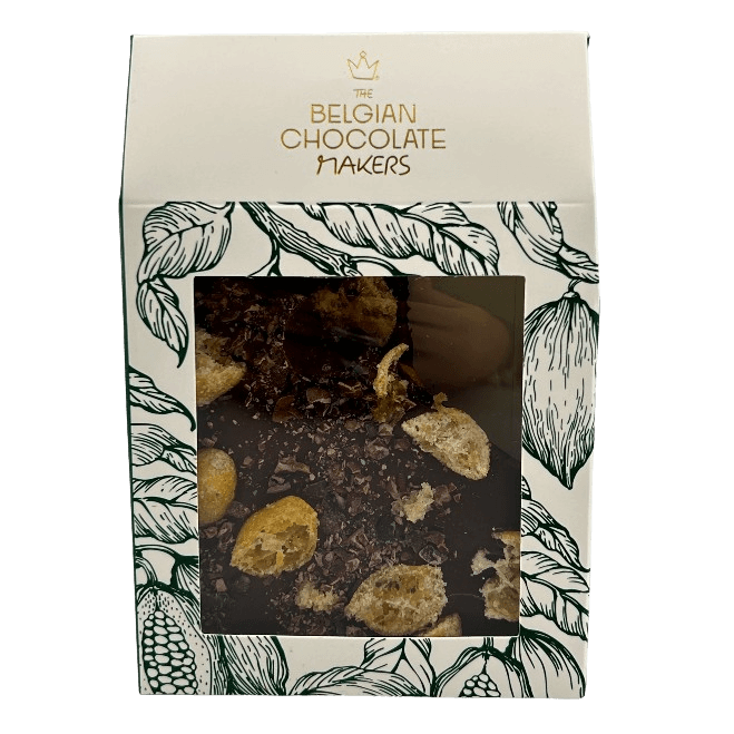 Barritas rotas de chocolate negro con kumquat y nibs de cacao