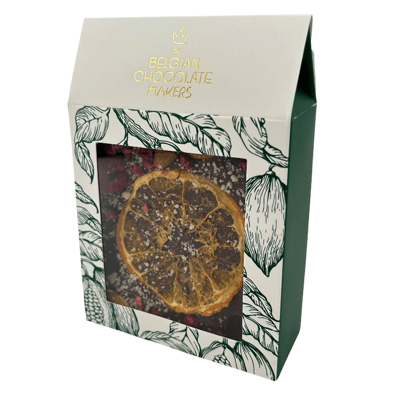 Barritas rotas de chocolate negro con frambuesa, almendra y naranja