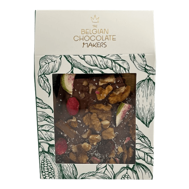 Barritas rotas de chocolate con leche con higo, limón, arándanos, nueces y coco