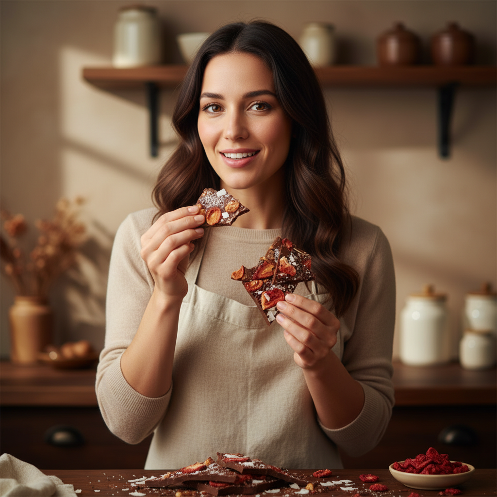 Barritas rotas de chocolate con leche con coco, fresa y cacao nibs