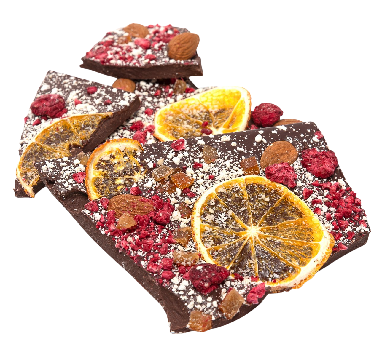 Barritas rotas de chocolate negro con frambuesa, almendra y naranja