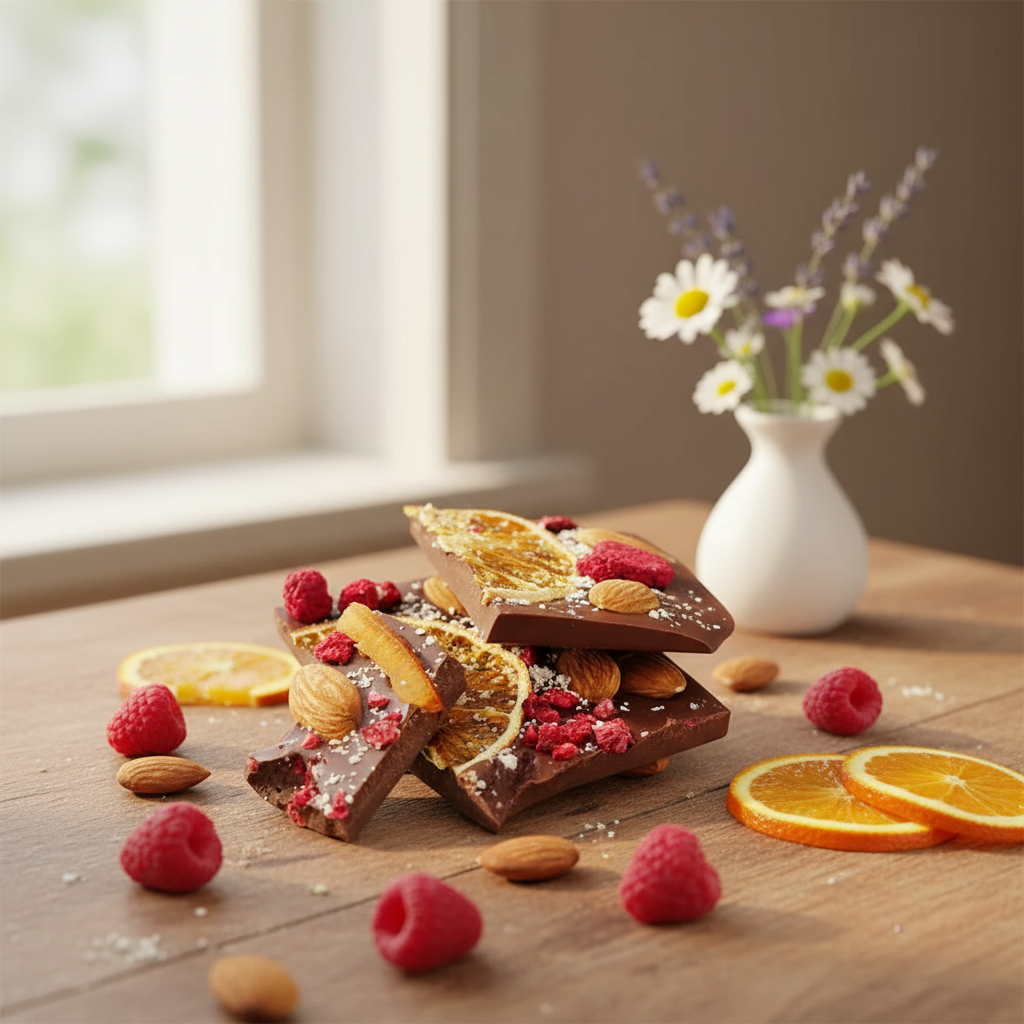 Barritas rotas de chocolate negro con frambuesa, almendra y naranja