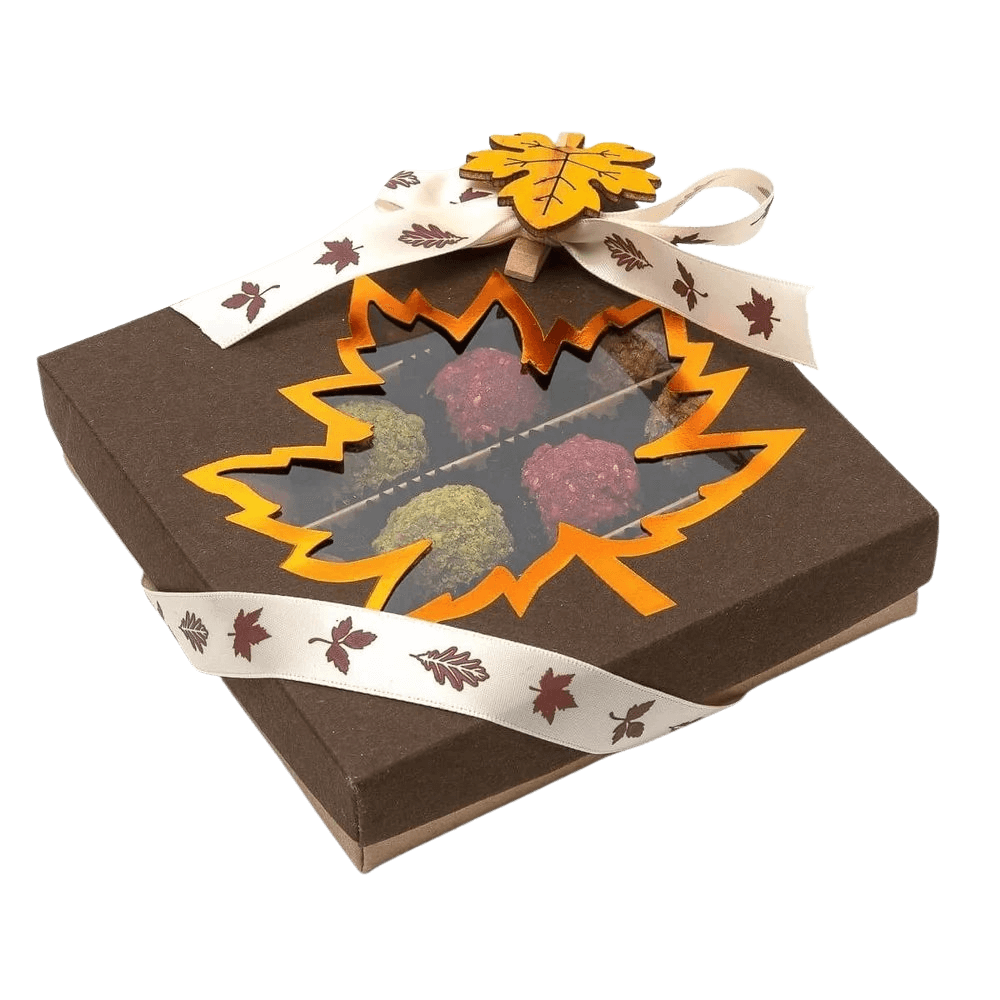 Mezcla de trufas belgas de otoño en un estuche de regalo marrón oscuro